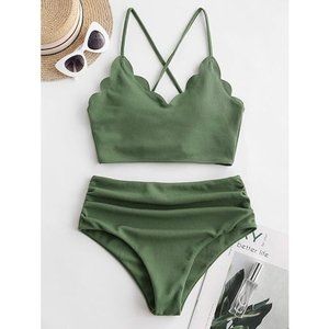 ZAFUL Crisscross Ruched High Waisted Bottom Bikini Set Two Pc Swimsuit SZ L. F85